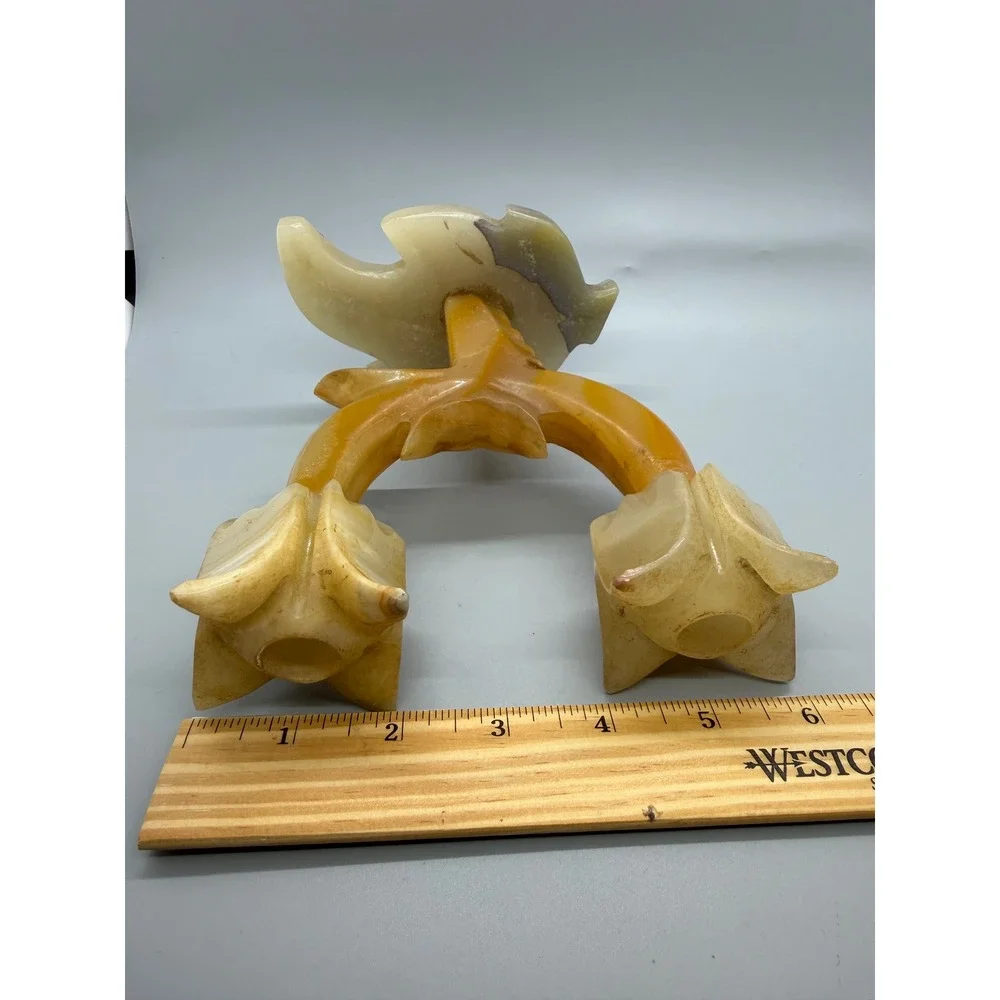 Vintage Onyx Stone Double Tulip Candle Holder Hand Carved Tan Cream 6in Heavy